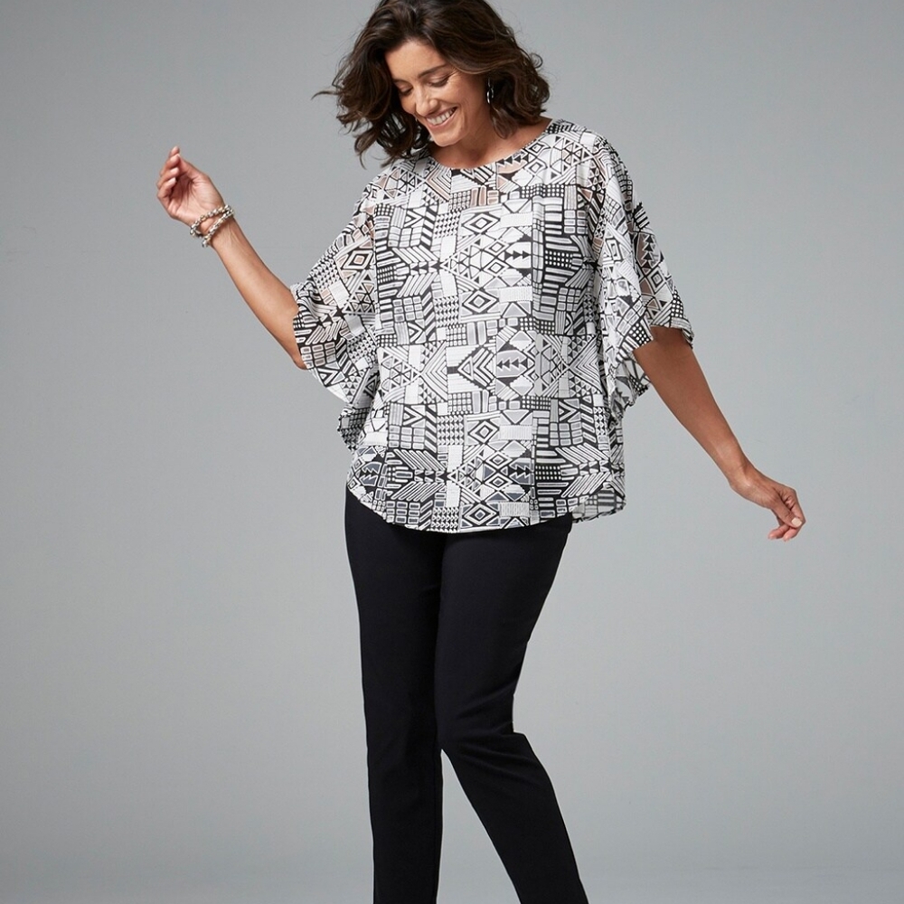 Chico's Geo burnout poncho blouse top batwing geometric size S/M